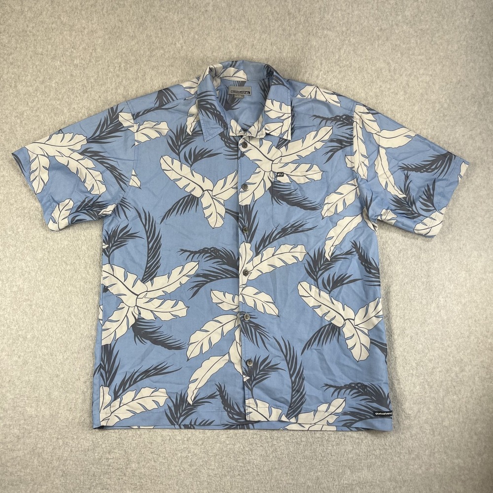 Quiksilver Waterman Shirt Mens Large Blue Hawaiian Floral Tropical Surf Camp L